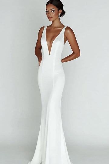 Robe de mariée simple sirène blanche à col en V